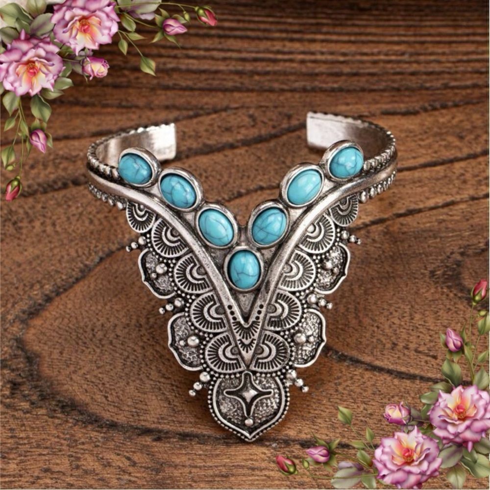 Faux Blue Turquoise Beads Decor Western‎ Cuff Bangle Retro Vintage style